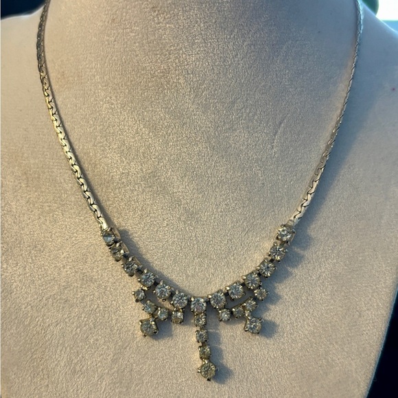 Jewelry - Mid-Century Rhinestone Fringe Necklace | 1950s Unsigned Vintage Silver Tone